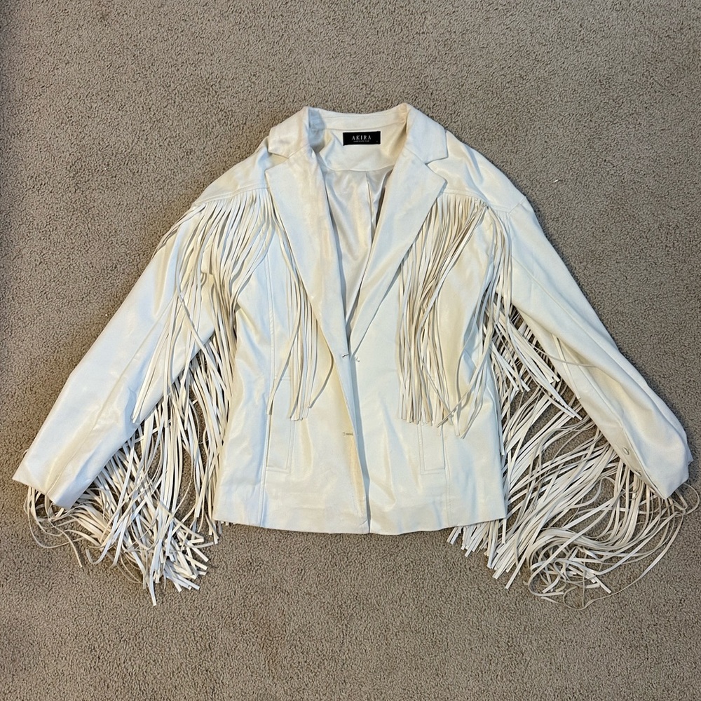 Akira White Leather Fringe Jacket